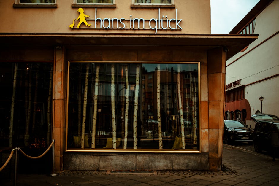 Urban storefront with birch reflections in a window and cars parked nearby.